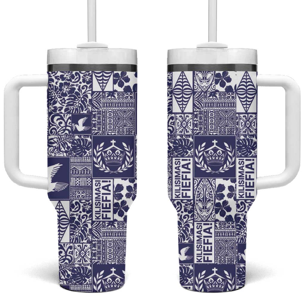 Blue Tonga Kilisimasi Fiefia Tumbler With Handle Pacific Patchwork Xmas Vibes - Polynesian Pride