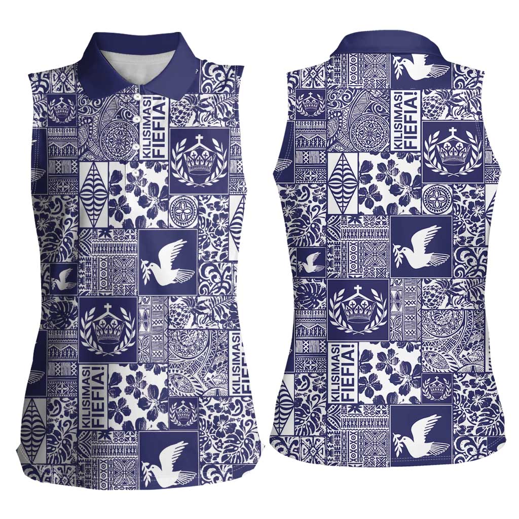 Blue Tonga Kilisimasi Fiefia Women Sleeveless Polo Shirt Pacific Patchwork Xmas Vibes - Polynesian Pride