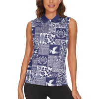 Blue Tonga Kilisimasi Fiefia Women Sleeveless Polo Shirt Pacific Patchwork Xmas Vibes - Polynesian Pride