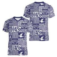 Blue Tonga Kilisimasi Fiefia Women V-Neck T-Shirt Pacific Patchwork Xmas Vibes - Polynesian Pride