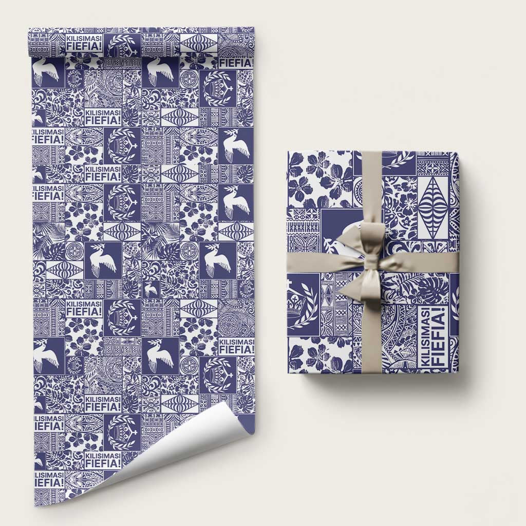 Blue Tonga Kilisimasi Fiefia Wrapping Paper Pacific Patchwork Xmas Vibes - Polynesian Pride