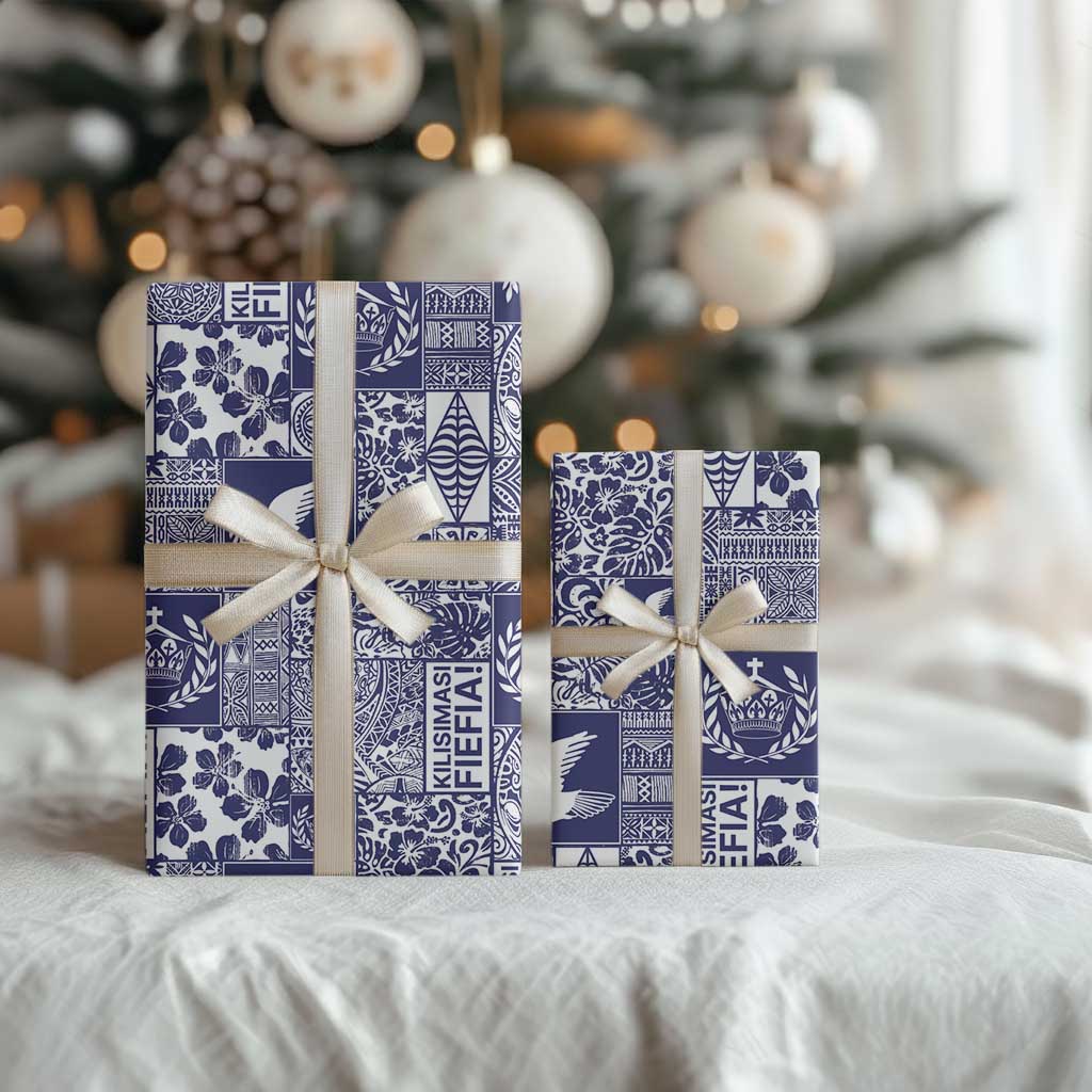 Blue Tonga Kilisimasi Fiefia Wrapping Paper Pacific Patchwork Xmas Vibes - Polynesian Pride