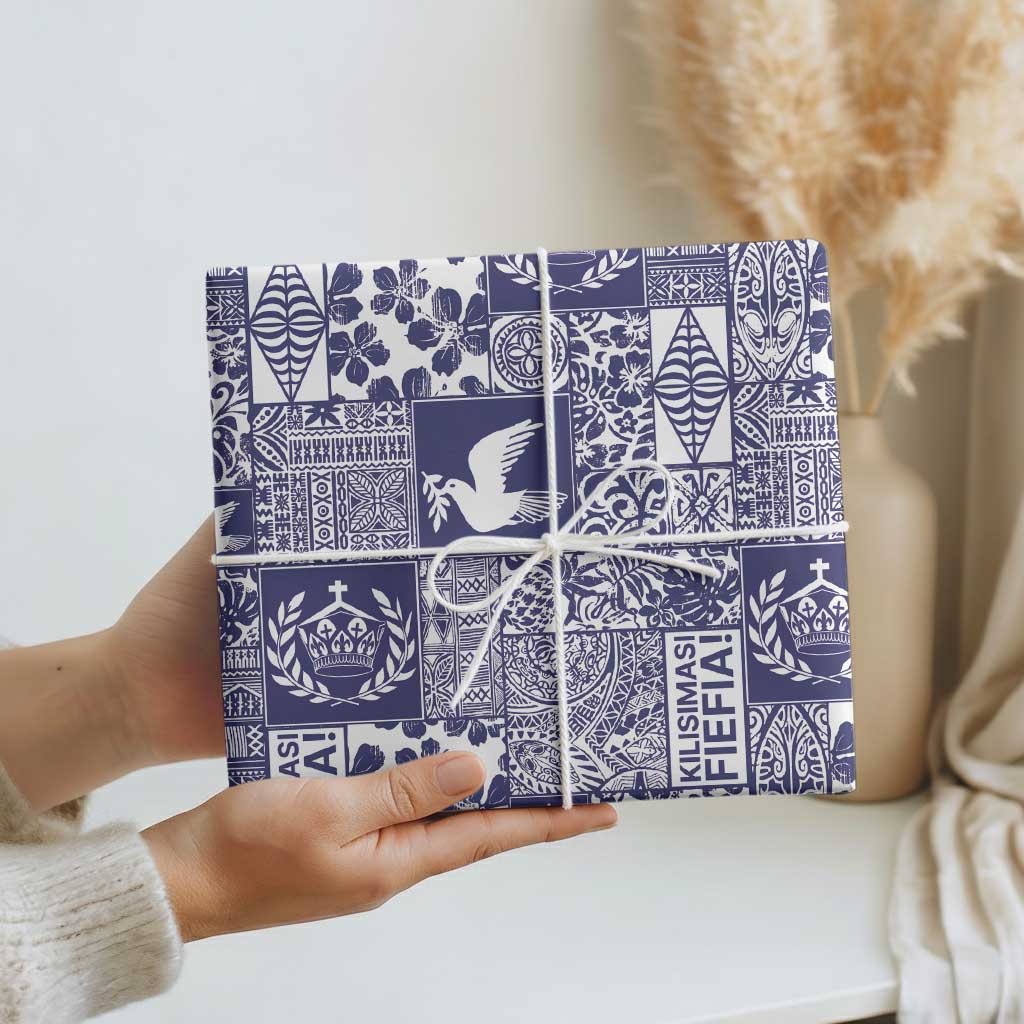 Blue Tonga Kilisimasi Fiefia Wrapping Paper Pacific Patchwork Xmas Vibes - Polynesian Pride