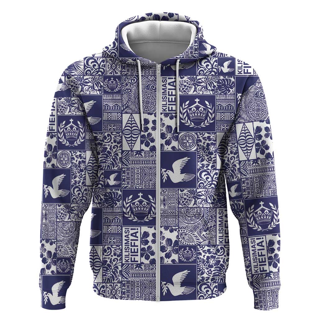 Blue Tonga Kilisimasi Fiefia Zip Hoodie Pacific Patchwork Xmas Vibes - Polynesian Pride