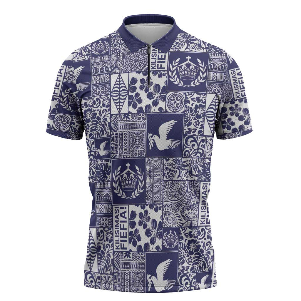Blue Tonga Kilisimasi Fiefia Zipper Polo Shirt Pacific Patchwork Xmas Vibes - Polynesian Pride