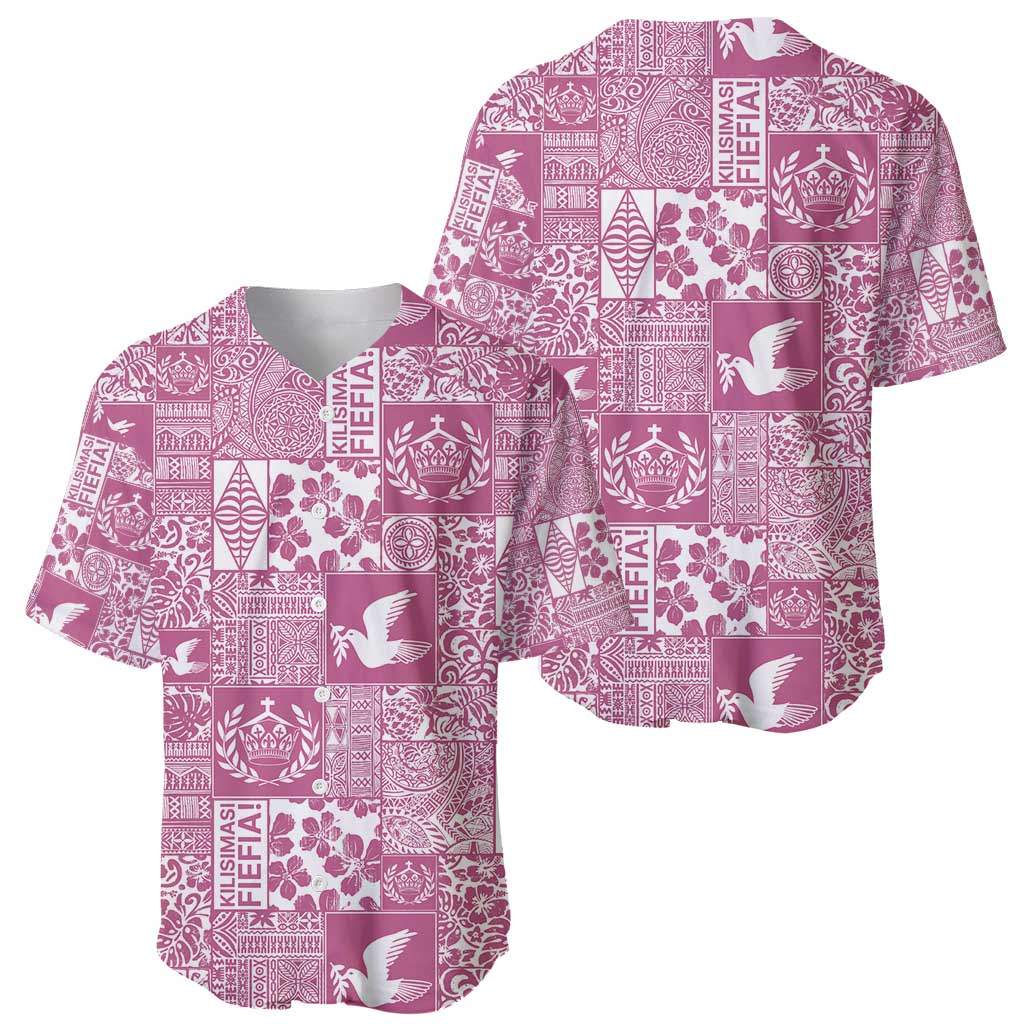 Pink Tonga Kilisimasi Fiefia Baseball Jersey Pacific Patchwork Xmas Vibes - Polynesian Pride