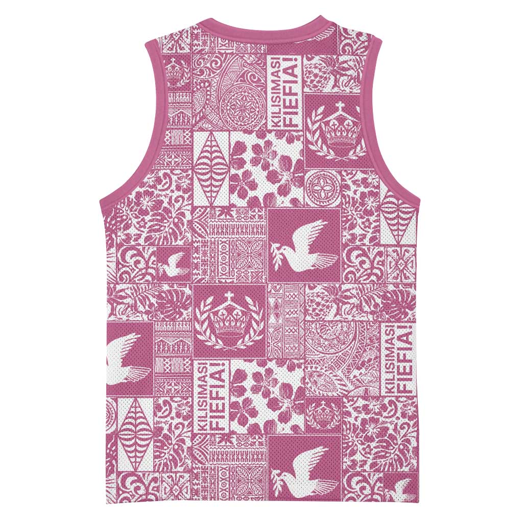Pink Tonga Kilisimasi Fiefia Basketball Jersey Pacific Patchwork Xmas Vibes - Polynesian Pride