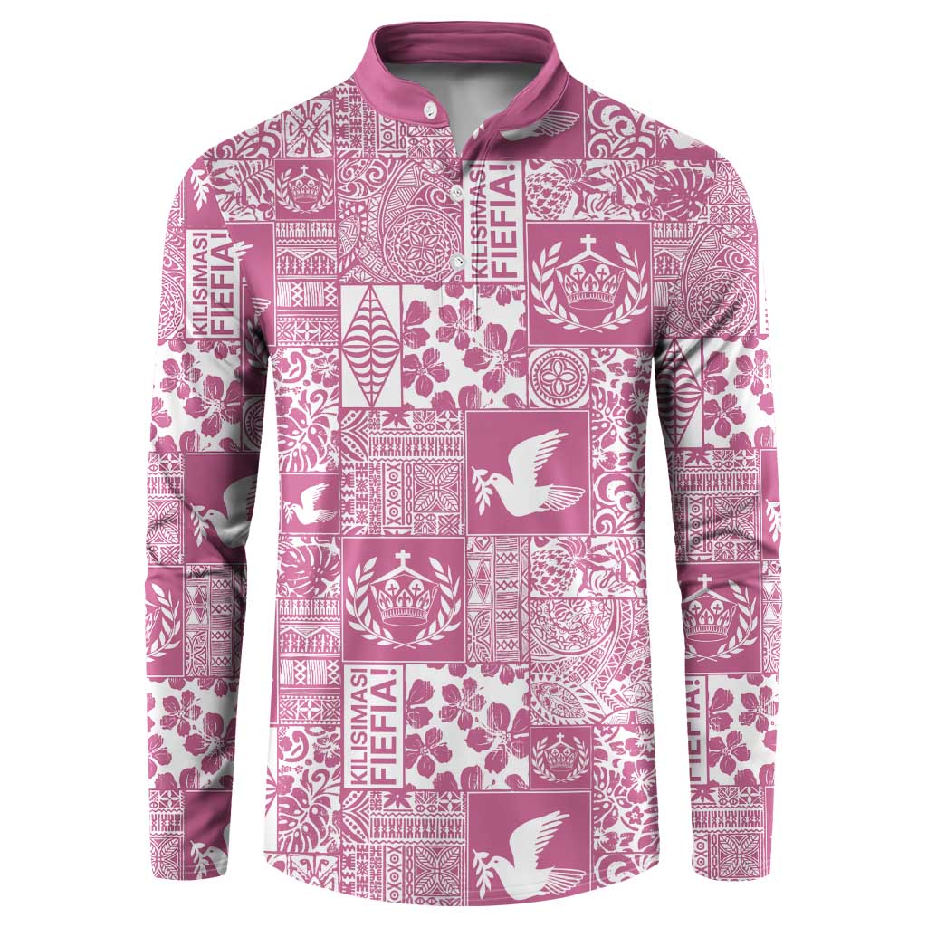 Pink Tonga Kilisimasi Fiefia Button Sweatshirt Pacific Patchwork Xmas Vibes - Polynesian Pride