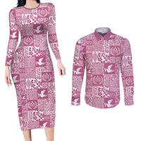 Pink Tonga Kilisimasi Fiefia Couples Matching Long Sleeve Bodycon Dress and Long Sleeve Button Shirt Pacific Patchwork Xmas Vibes - Polynesian Pride