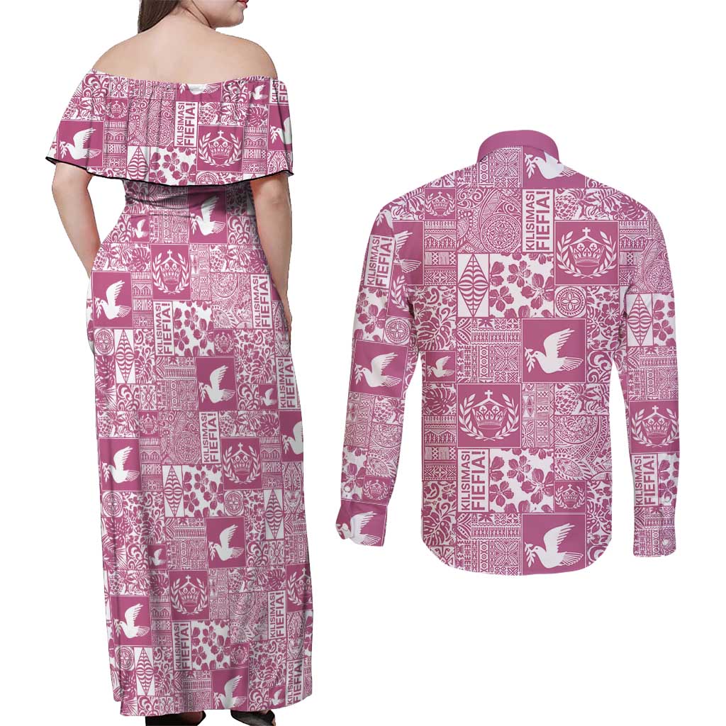 Pink Tonga Kilisimasi Fiefia Couples Matching Off Shoulder Maxi Dress and Long Sleeve Button Shirt Pacific Patchwork Xmas Vibes - Polynesian Pride