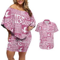 Pink Tonga Kilisimasi Fiefia Couples Matching Off Shoulder Short Dress and Hawaiian Shirt Pacific Patchwork Xmas Vibes - Polynesian Pride