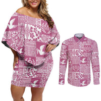 Pink Tonga Kilisimasi Fiefia Couples Matching Off Shoulder Short Dress and Long Sleeve Button Shirt Pacific Patchwork Xmas Vibes - Polynesian Pride