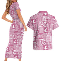 Pink Tonga Kilisimasi Fiefia Couples Matching Short Sleeve Bodycon Dress and Hawaiian Shirt Pacific Patchwork Xmas Vibes - Polynesian Pride