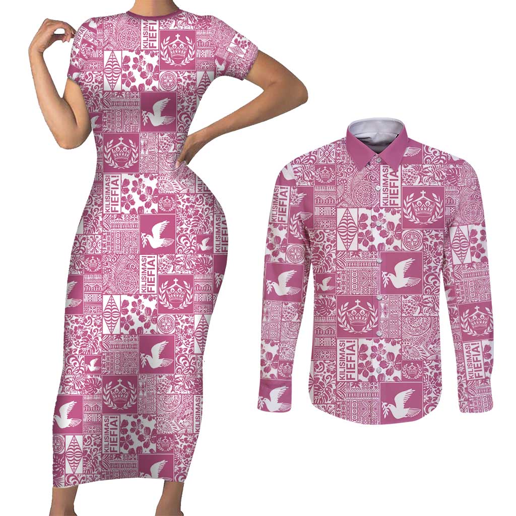 Pink Tonga Kilisimasi Fiefia Couples Matching Short Sleeve Bodycon Dress and Long Sleeve Button Shirt Pacific Patchwork Xmas Vibes - Polynesian Pride
