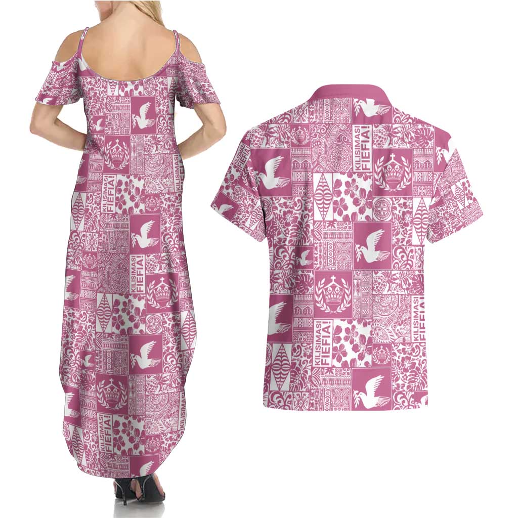 Pink Tonga Kilisimasi Fiefia Couples Matching Summer Maxi Dress and Hawaiian Shirt Pacific Patchwork Xmas Vibes - Polynesian Pride