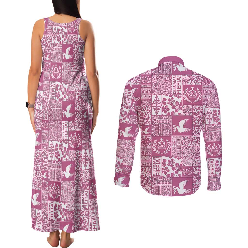 Pink Tonga Kilisimasi Fiefia Couples Matching Tank Maxi Dress and Long Sleeve Button Shirt Pacific Patchwork Xmas Vibes - Polynesian Pride