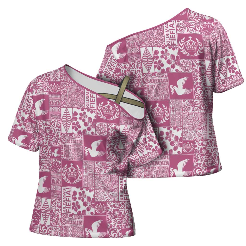 Pink Tonga Kilisimasi Fiefia Cross Shoulder Shirt Pacific Patchwork Xmas Vibes - Polynesian Pride