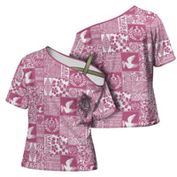 Pink Tonga Kilisimasi Fiefia Cross Shoulder Shirt Pacific Patchwork Xmas Vibes - Polynesian Pride
