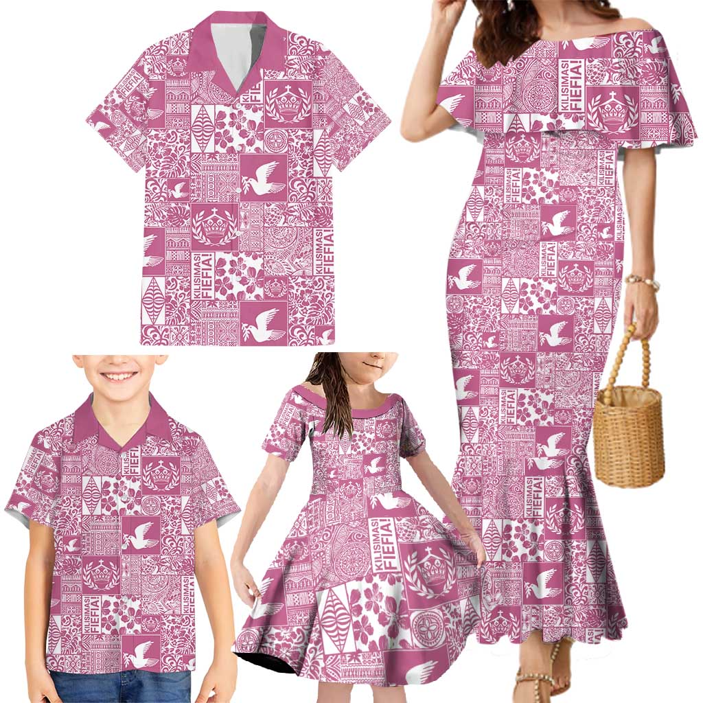 Pink Tonga Kilisimasi Fiefia Family Matching Mermaid Dress and Hawaiian Shirt Pacific Patchwork Xmas Vibes - Polynesian Pride