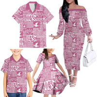 Pink Tonga Kilisimasi Fiefia Family Matching Off The Shoulder Long Sleeve Dress and Hawaiian Shirt Pacific Patchwork Xmas Vibes - Polynesian Pride