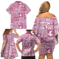 Pink Tonga Kilisimasi Fiefia Family Matching Off Shoulder Short Dress and Hawaiian Shirt Pacific Patchwork Xmas Vibes - Polynesian Pride