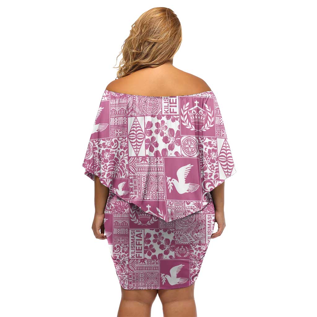 Pink Tonga Kilisimasi Fiefia Family Matching Off Shoulder Short Dress and Hawaiian Shirt Pacific Patchwork Xmas Vibes - Polynesian Pride