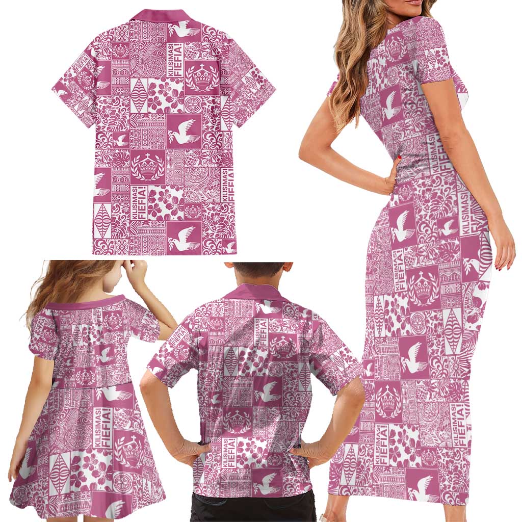 Pink Tonga Kilisimasi Fiefia Family Matching Short Sleeve Bodycon Dress and Hawaiian Shirt Pacific Patchwork Xmas Vibes - Polynesian Pride