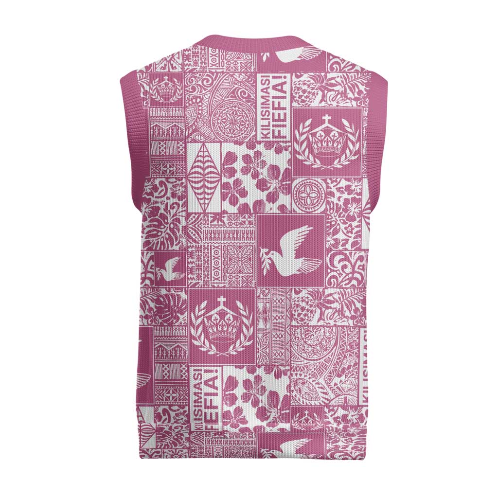 Pink Tonga Kilisimasi Fiefia Christmas Knitted V-Neck Vest Pacific Patchwork Xmas Vibes - Polynesian Pride