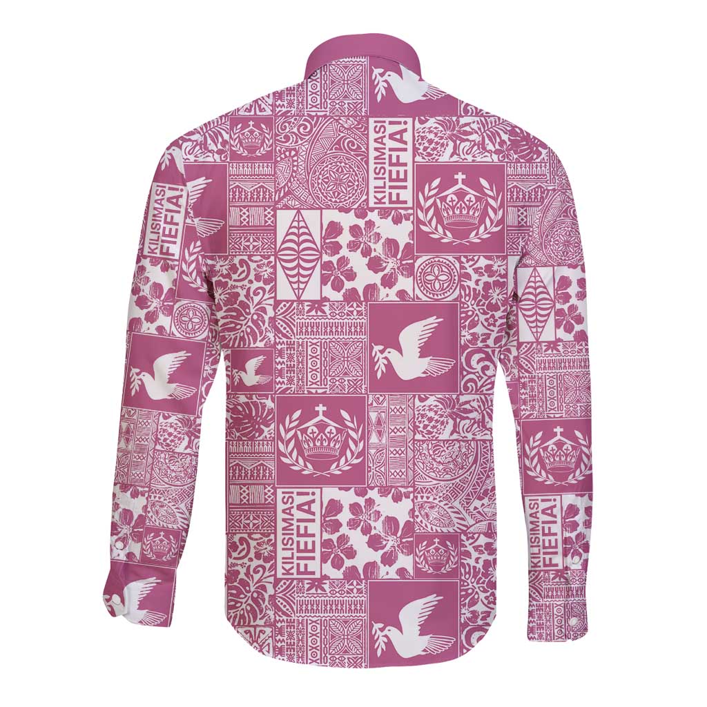 Pink Tonga Kilisimasi Fiefia Long Sleeve Button Shirt Pacific Patchwork Xmas Vibes - Polynesian Pride