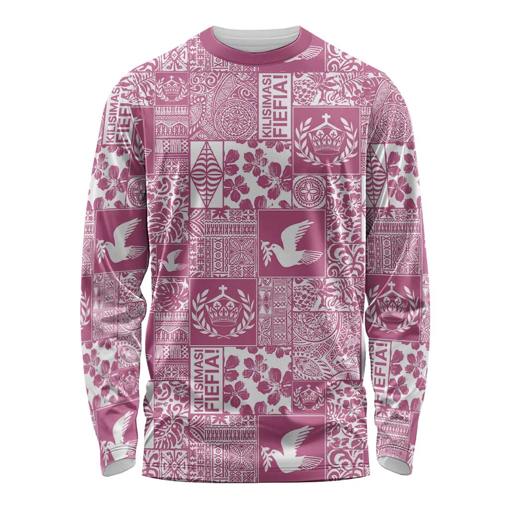 Pink Tonga Kilisimasi Fiefia Long Sleeve Shirt Pacific Patchwork Xmas Vibes - Polynesian Pride