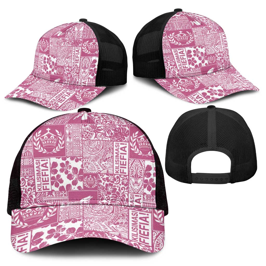 Pink Tonga Kilisimasi Fiefia Mesh Trucker Cap Pacific Patchwork Xmas Vibes - Polynesian Pride