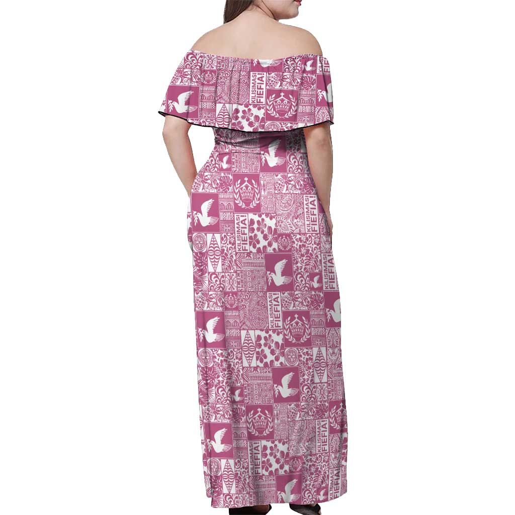Pink Tonga Kilisimasi Fiefia Off Shoulder Maxi Dress Pacific Patchwork Xmas Vibes - Polynesian Pride