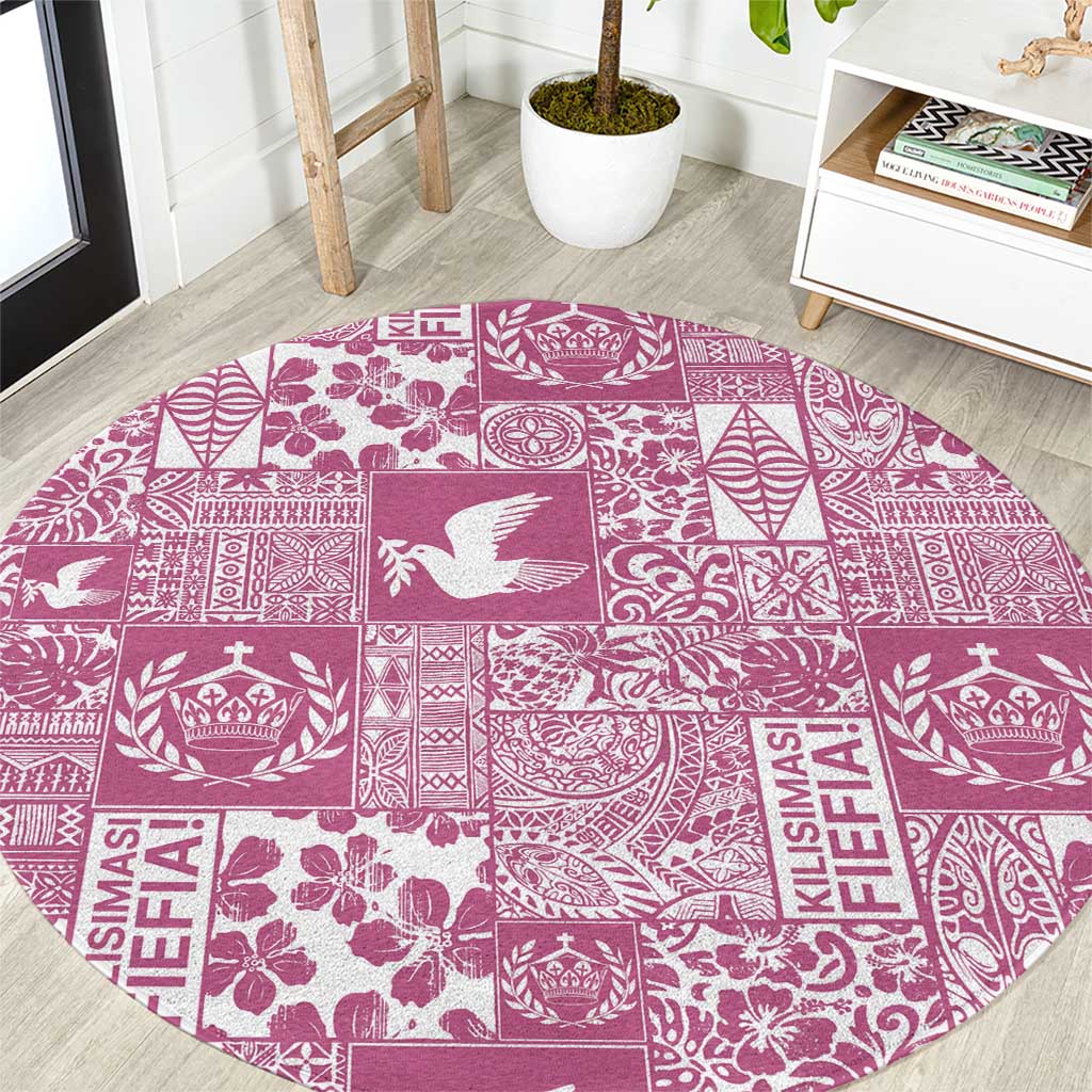 Pink Tonga Kilisimasi Fiefia Round Carpet Pacific Patchwork Xmas Vibes - Polynesian Pride