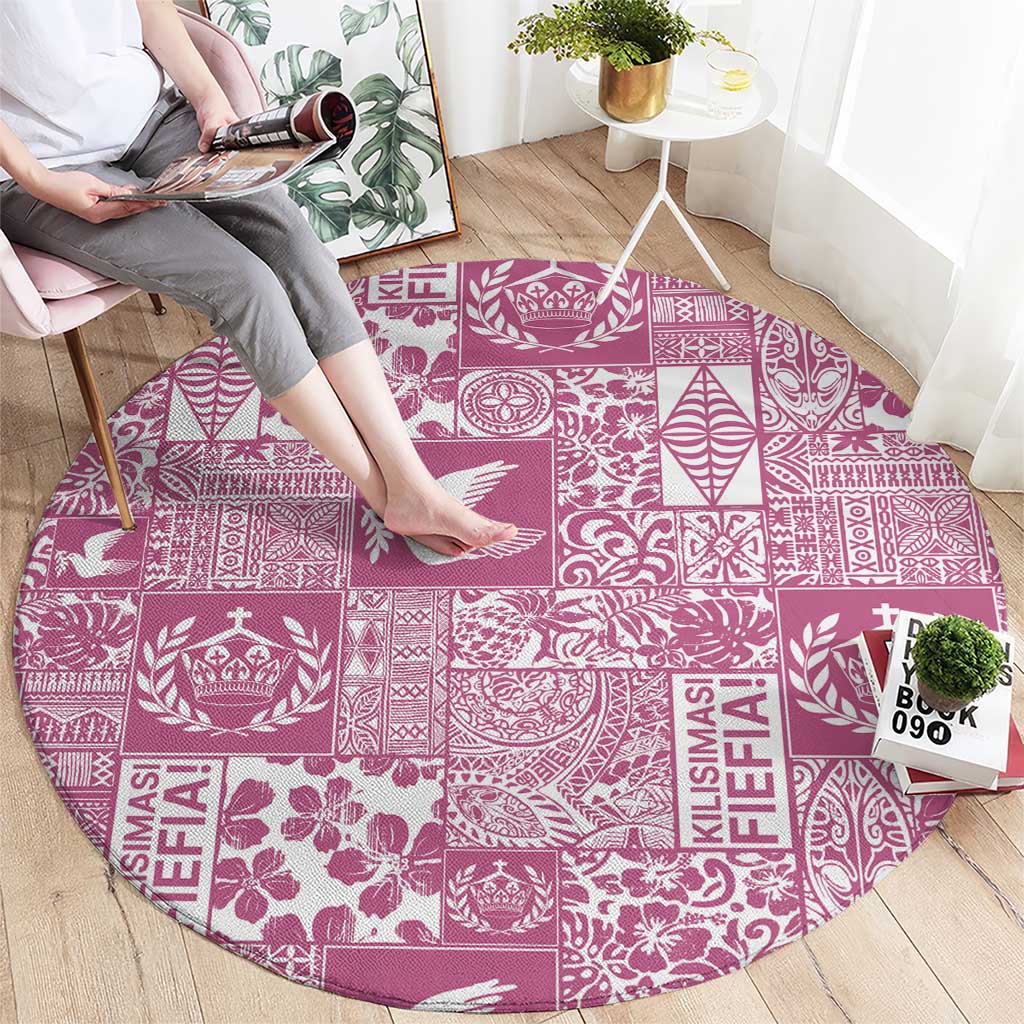 Pink Tonga Kilisimasi Fiefia Round Carpet Pacific Patchwork Xmas Vibes - Polynesian Pride