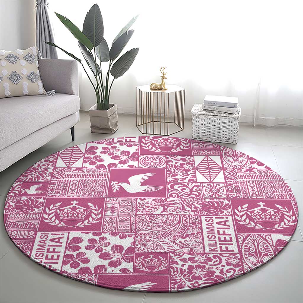 Pink Tonga Kilisimasi Fiefia Round Carpet Pacific Patchwork Xmas Vibes - Polynesian Pride