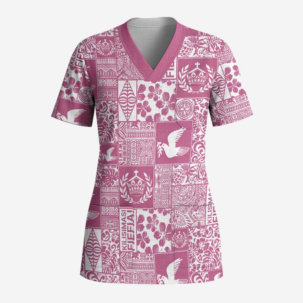 Pink Tonga Kilisimasi Fiefia Scrub Top Pacific Patchwork Xmas Vibes - Polynesian Pride