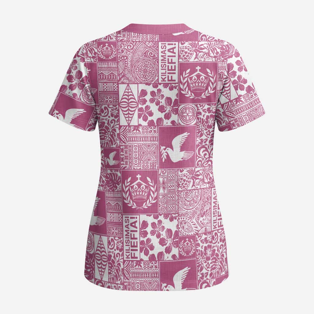 Pink Tonga Kilisimasi Fiefia Scrub Top Pacific Patchwork Xmas Vibes - Polynesian Pride
