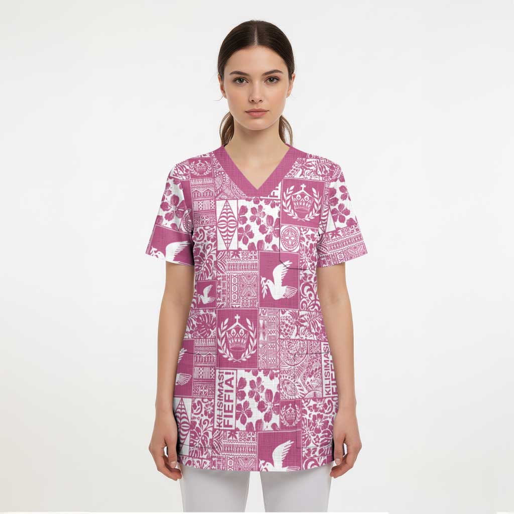 Pink Tonga Kilisimasi Fiefia Scrub Top Pacific Patchwork Xmas Vibes - Polynesian Pride