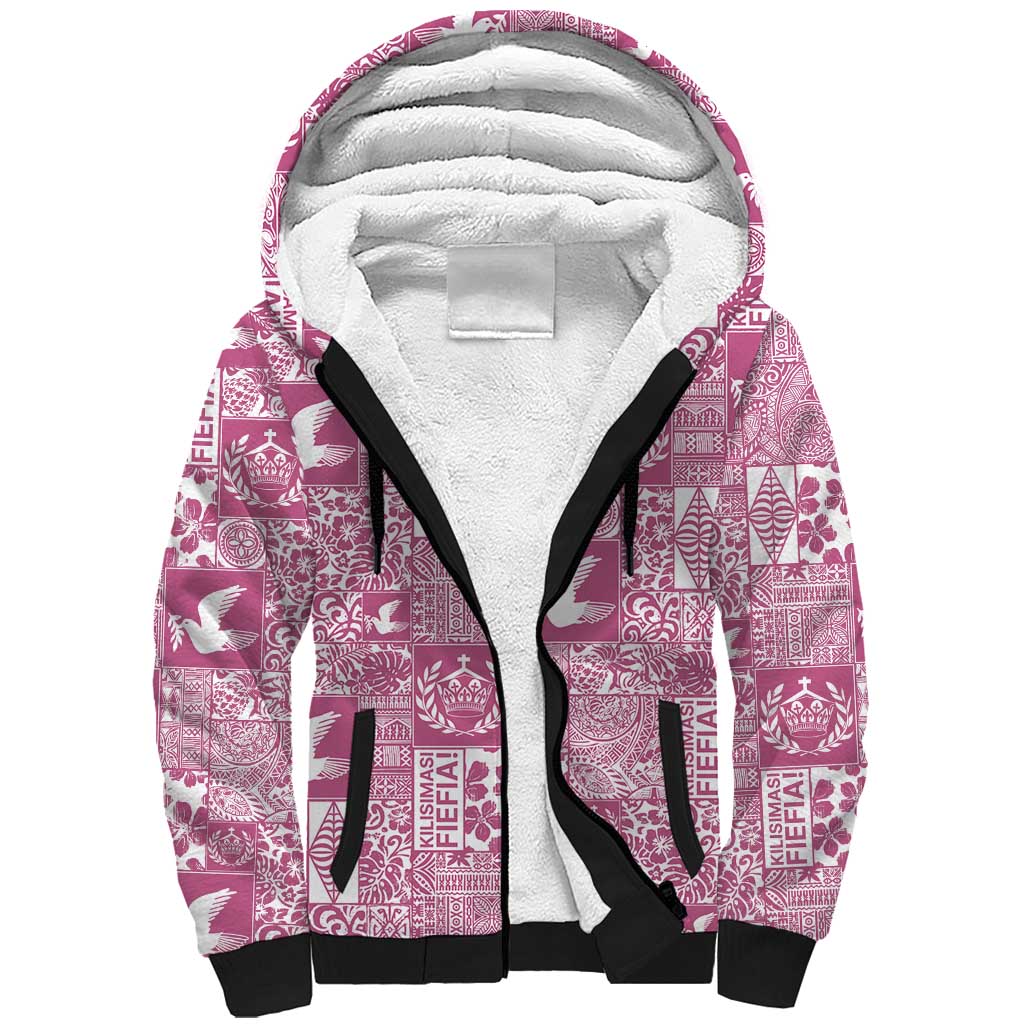 Pink Tonga Kilisimasi Fiefia Sherpa Hoodie Pacific Patchwork Xmas Vibes - Polynesian Pride