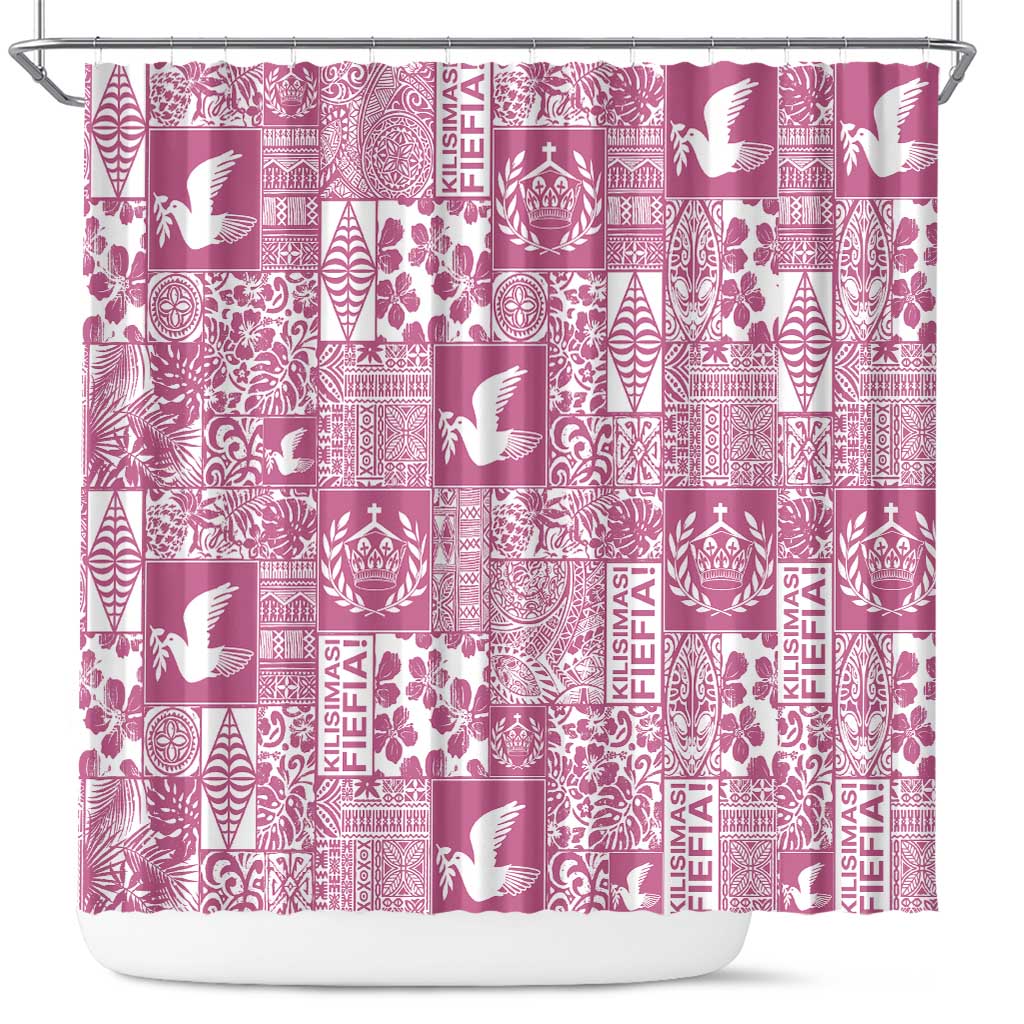 Pink Tonga Kilisimasi Fiefia Shower Curtain Pacific Patchwork Xmas Vibes - Polynesian Pride
