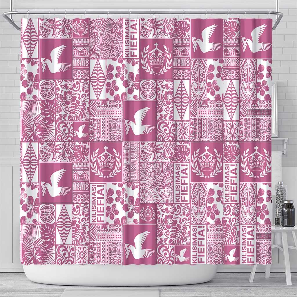 Pink Tonga Kilisimasi Fiefia Shower Curtain Pacific Patchwork Xmas Vibes - Polynesian Pride