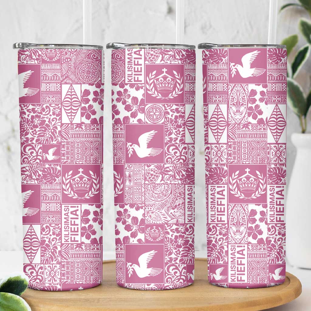 Pink Tonga Kilisimasi Fiefia Skinny Tumbler Pacific Patchwork Xmas Vibes - Polynesian Pride
