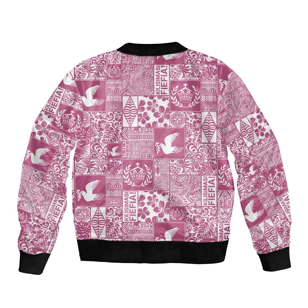 Pink Tonga Kilisimasi Fiefia Sleeve Zip Bomber Jacket Pacific Patchwork Xmas Vibes - Polynesian Pride