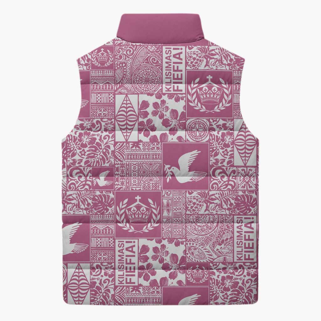 Pink Tonga Kilisimasi Fiefia Sleeveless Puffer Jacket Pacific Patchwork Xmas Vibes - Polynesian Pride