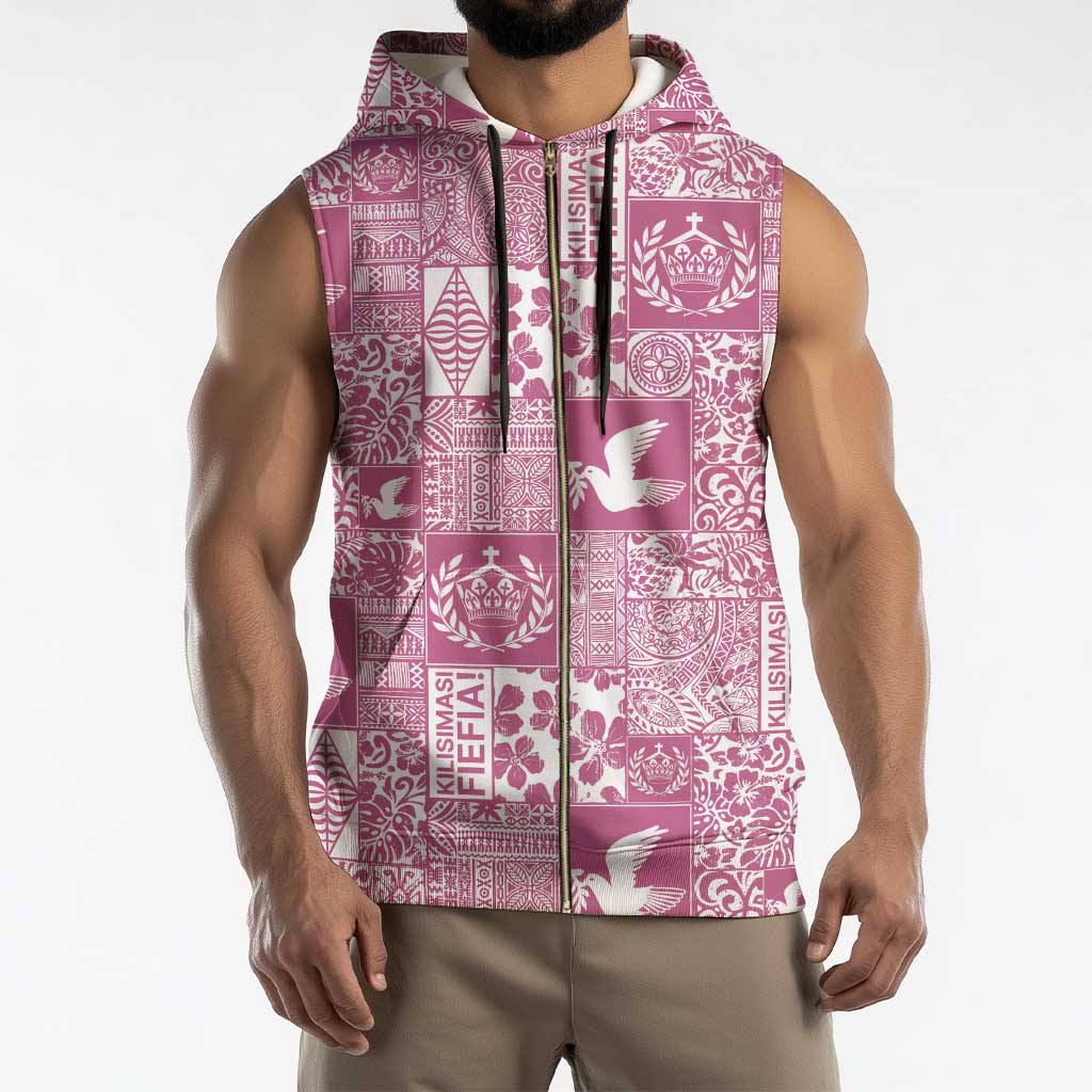 Pink Tonga Kilisimasi Fiefia Sleeveless Zip Hoodie Pacific Patchwork Xmas Vibes - Polynesian Pride