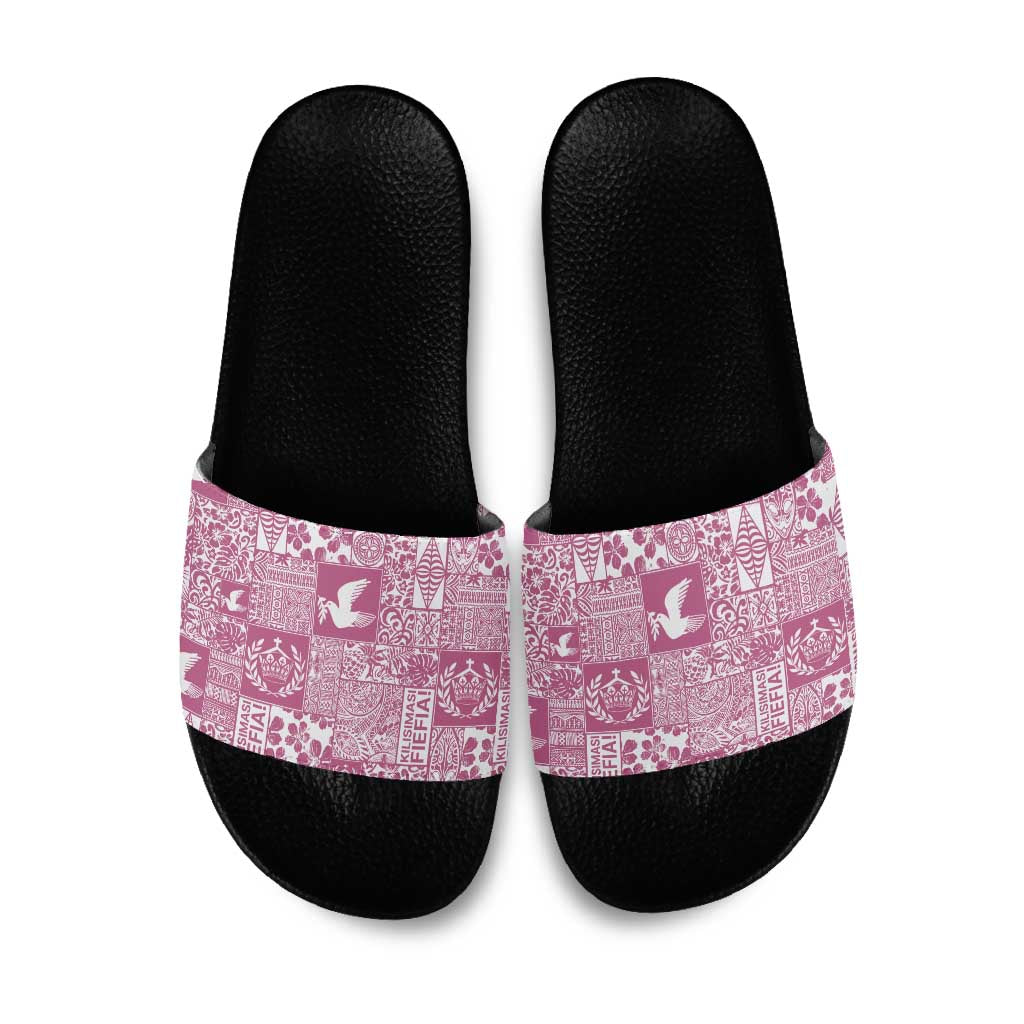 Pink Tonga Kilisimasi Fiefia Slide Sandals Pacific Patchwork Xmas Vibes - Polynesian Pride