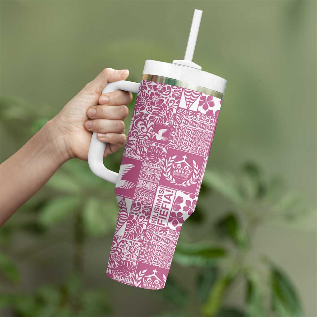 Pink Tonga Kilisimasi Fiefia Tumbler With Handle Pacific Patchwork Xmas Vibes - Polynesian Pride