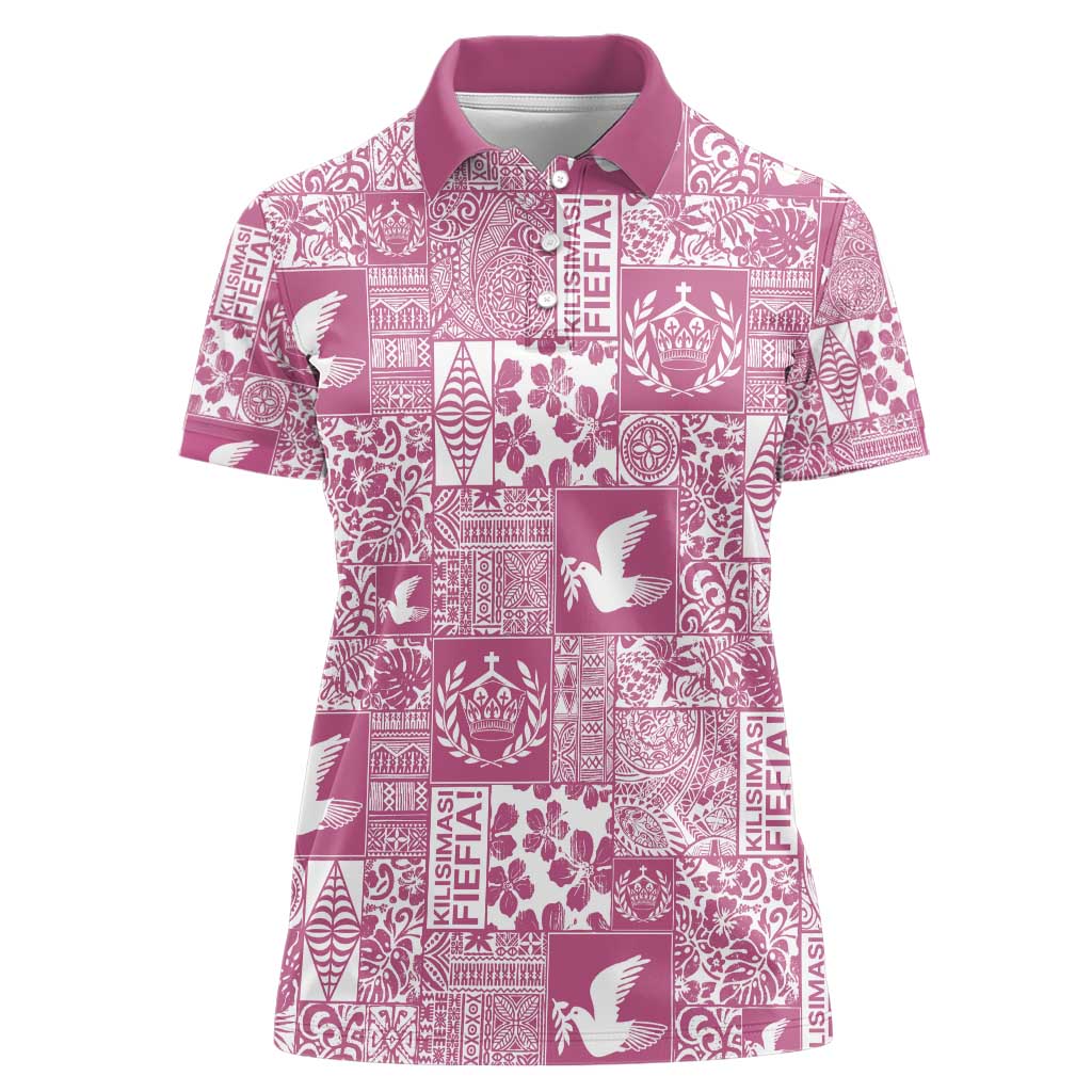 Pink Tonga Kilisimasi Fiefia Women Polo Shirt Pacific Patchwork Xmas Vibes - Polynesian Pride