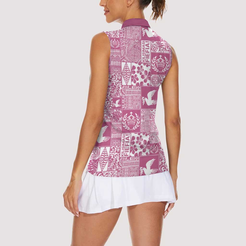 Pink Tonga Kilisimasi Fiefia Women Sleeveless Polo Shirt Pacific Patchwork Xmas Vibes - Polynesian Pride