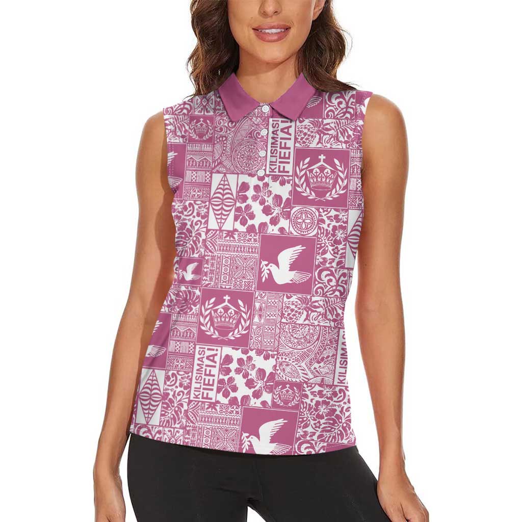 Pink Tonga Kilisimasi Fiefia Women Sleeveless Polo Shirt Pacific Patchwork Xmas Vibes - Polynesian Pride